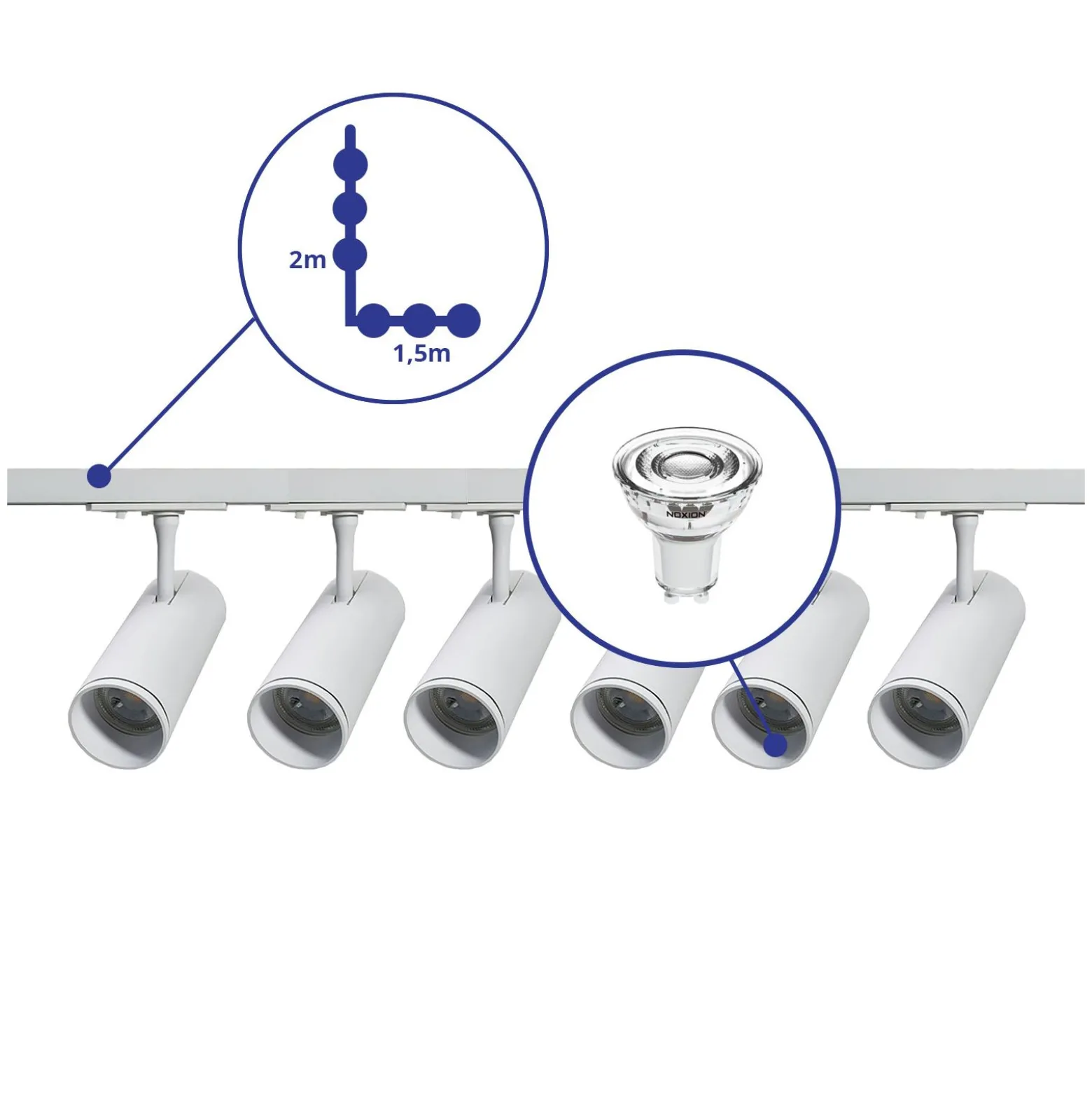 Bright Choice Komplett set 1-Fas Rail L 1,5 x 2 Meter Vit | incl. 6x Spot + GU10 2700K 3W Dimbar + Ändkåpa, Strömkontakt och L -Anslutningsstycke