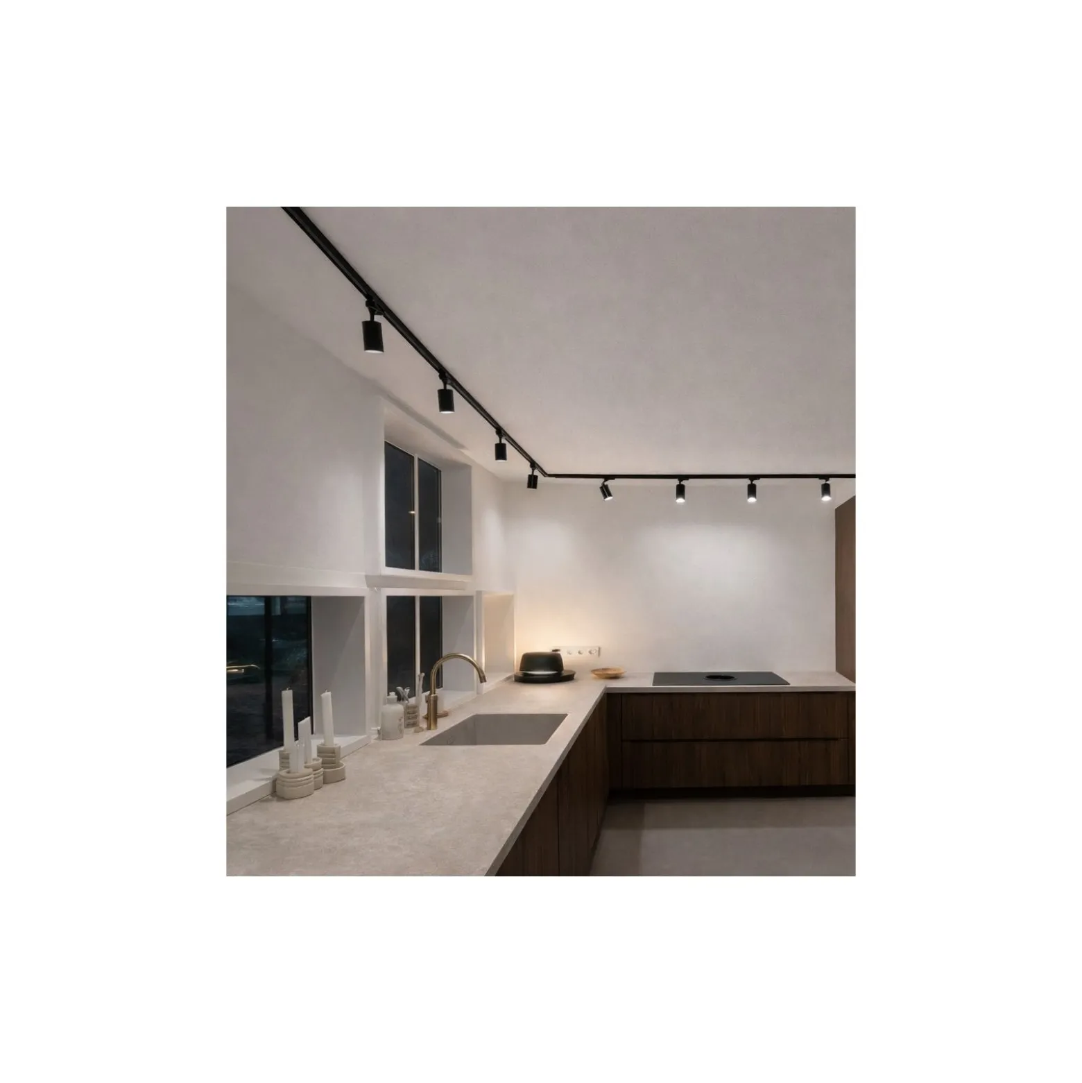 Bright Choice Komplett set 1-Fas Rail L 1,5 x 1,5 Meter Svart | incl. 7x Spot + GU10 2700K 3W Dimbar + Ändkåpa, Strömkontakt och L -Anslutningsstycke