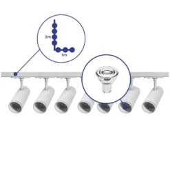 Bright Choice Komplett set 1-Fas Rail L 1 x 2 Meter Vit | incl. 7x Spot + GU10 2700K 3W Dimbar + Ändkåpa, Strömkontakt och L -Anslutningsstycke