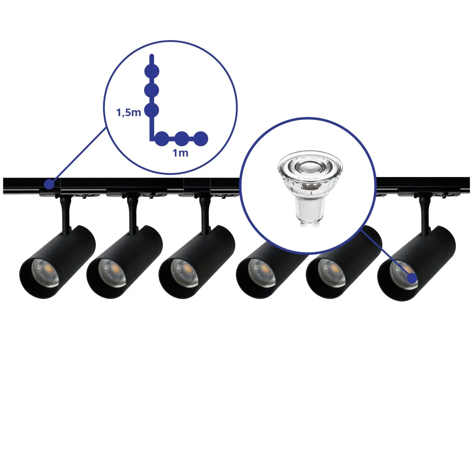 Bright Choice Komplett set 1-Fas Rail L 1x 1,5 Meter Svart | incl. 6x Spot + GU10 2700K 3W Dimbar + Ändkåpa, Strömkontakt och L -Anslutningsstycke