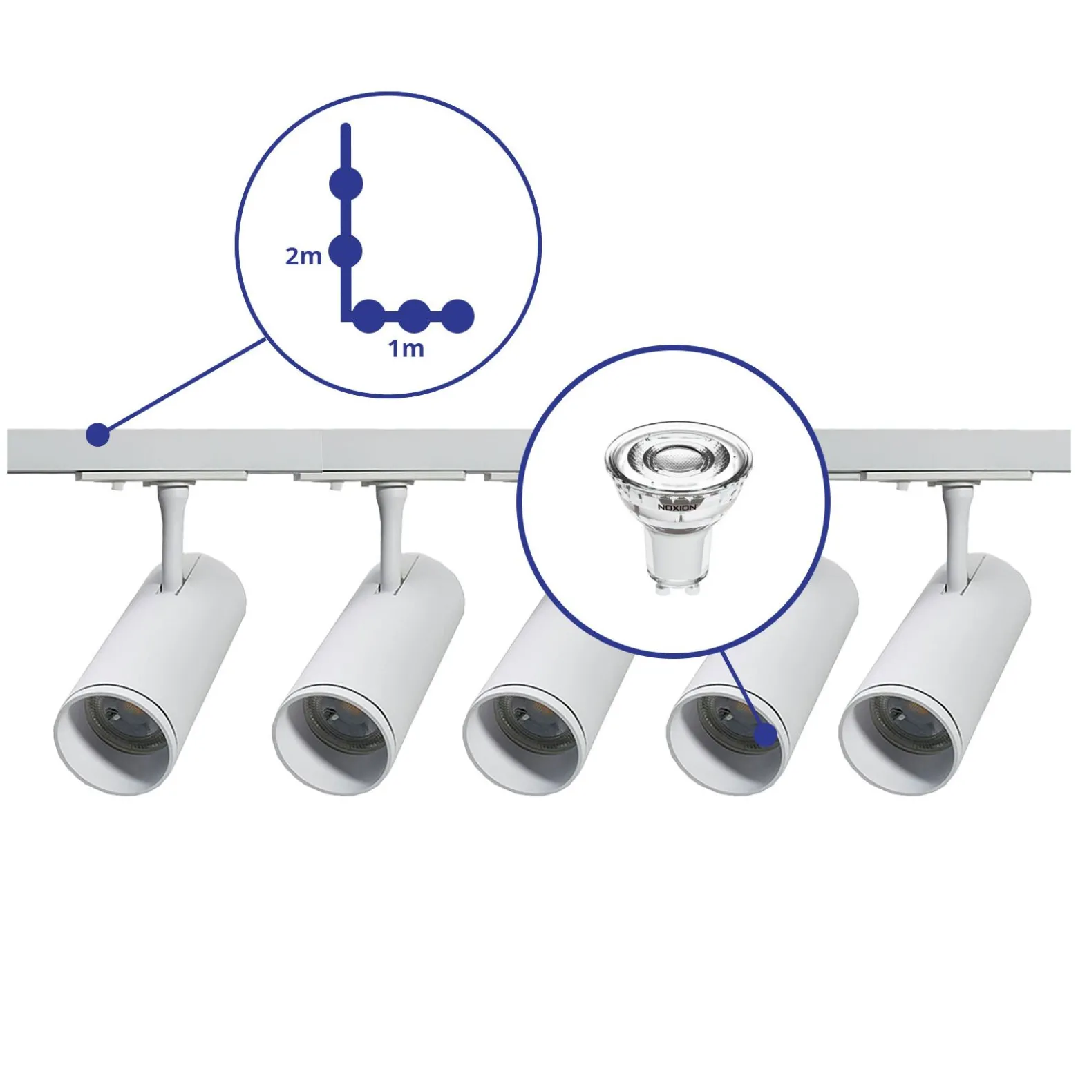 Bright Choice Komplett set 1-Fas Rail L 1 x 2 Meter Vit | incl. 5x Spot + GU10 2700K 3W Dimbar + Ändkåpa, Strömkontakt och L -Anslutningsstycke