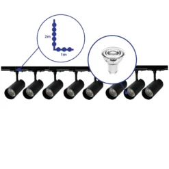 Bright Choice Komplett set 1-Fas Rail L 1 x 2 Meter Svart | incl. 8x Spot + GU10 2700K 3W Dimbar + Ändkåpa, Strömkontakt och L -Anslutningsstycke