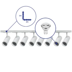 Komplett set 1-Fas Rail L 2 x 2 Meter Vit | incl. 8x Spot + GU10 2700K 3W Dimbar + Ändkåpa, Strömkontakt och L -Anslutningsstycke