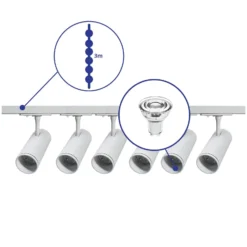 Komplett set 1-Fas Rail 3 Meter Vit | incl. 6x Spot + GU10 2700K 3W Dimbar + Ändkåpa, Strömkontakt och I-Anslutningsstycke