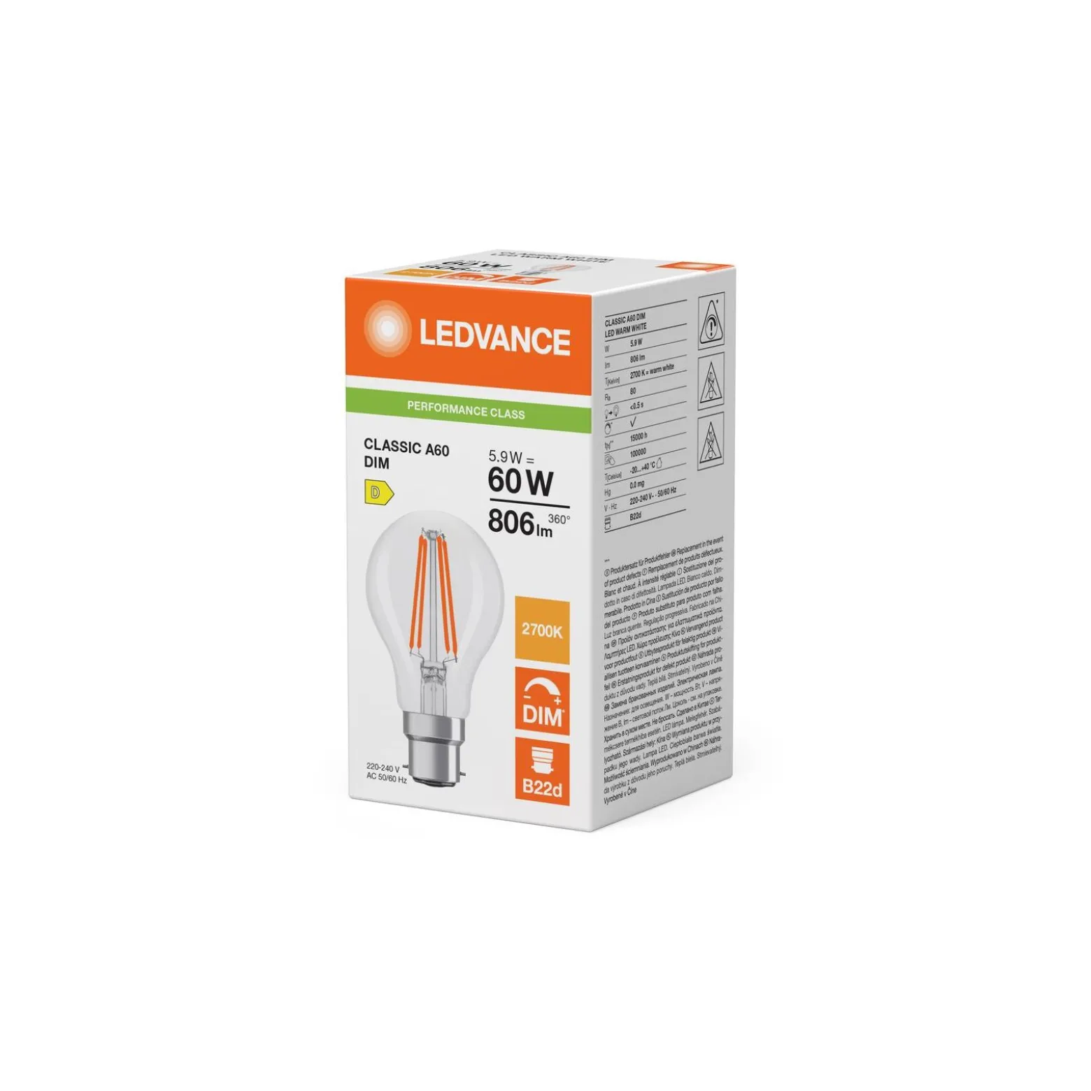 Ledvance Classic LED B22 Päron Filament Klar 5.9W 806lm - 827 Extra Varm Vit | Dimbar - Ersättare 60W