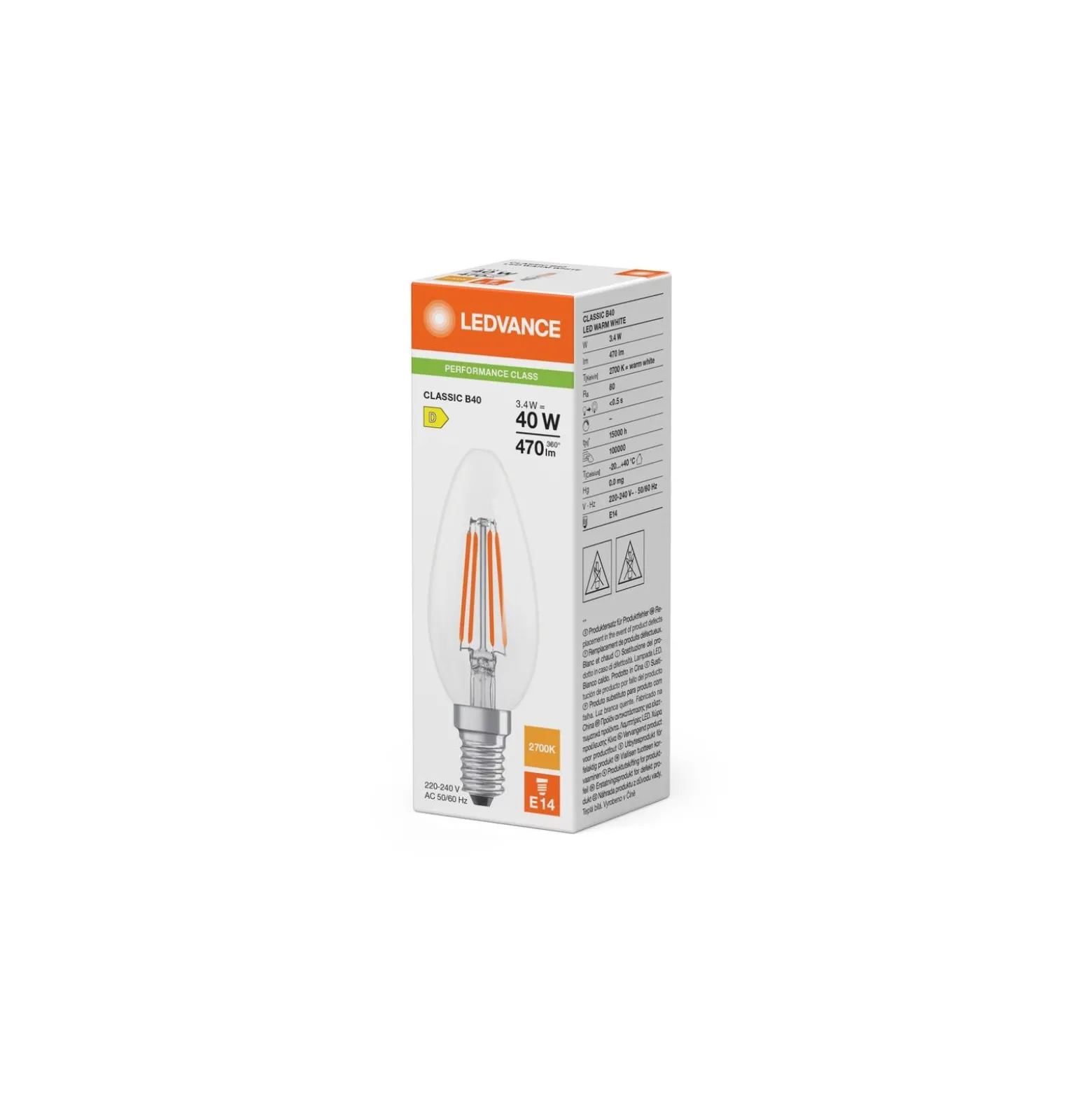 Ledvance Classic LED E14 Kronljus Filament Klar 3.4W 470lm - 827 Extra Varm Vit | Ersättare 40W