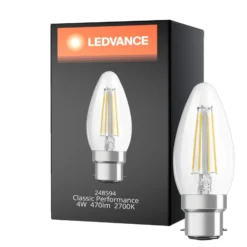 Ledvance Classic Performance LED Lampa B22d Kronljus Filament Klar 4W 470lm - 827 Extra Varm Vit | Ersättare 40W