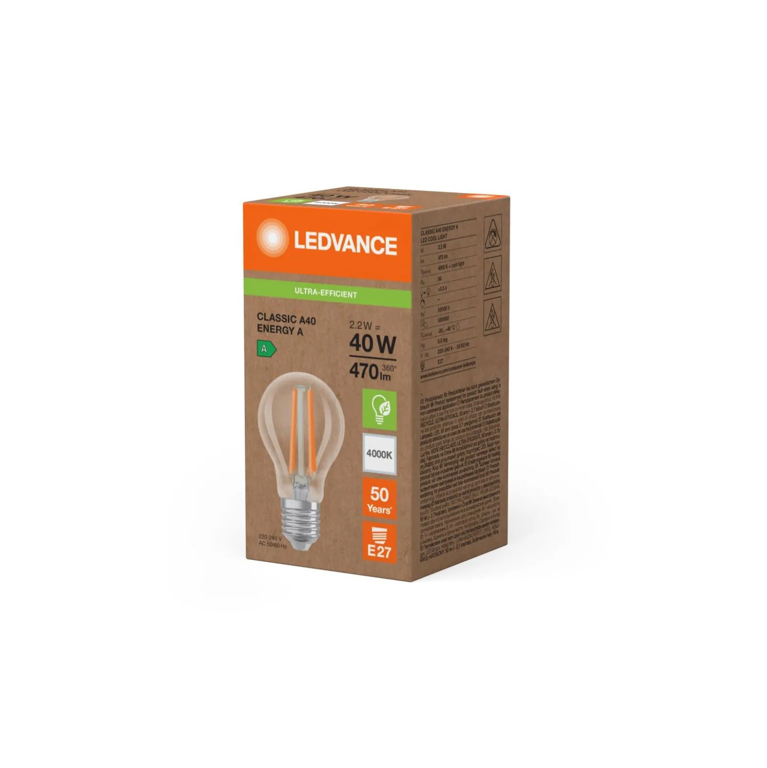 Ledvance Classic Superior LED Lampa E27 Päron Filament Klar 2.2W 470lm - 840 Kallvit | Ersättare 40W