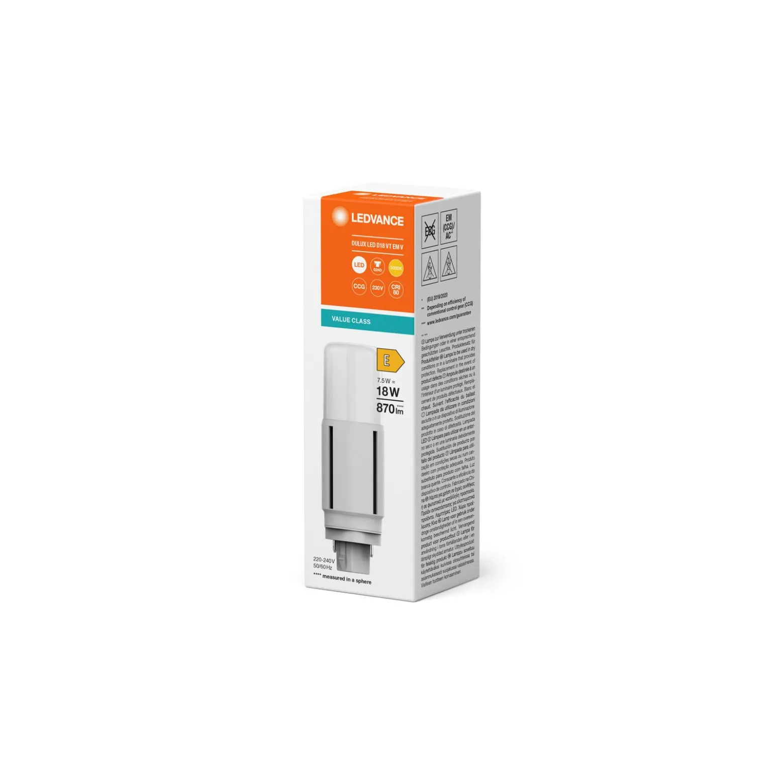 Ledvance DULUX-D LED 7.5W - 830 Varm Vit | 2-Stift - Ersättare 18W