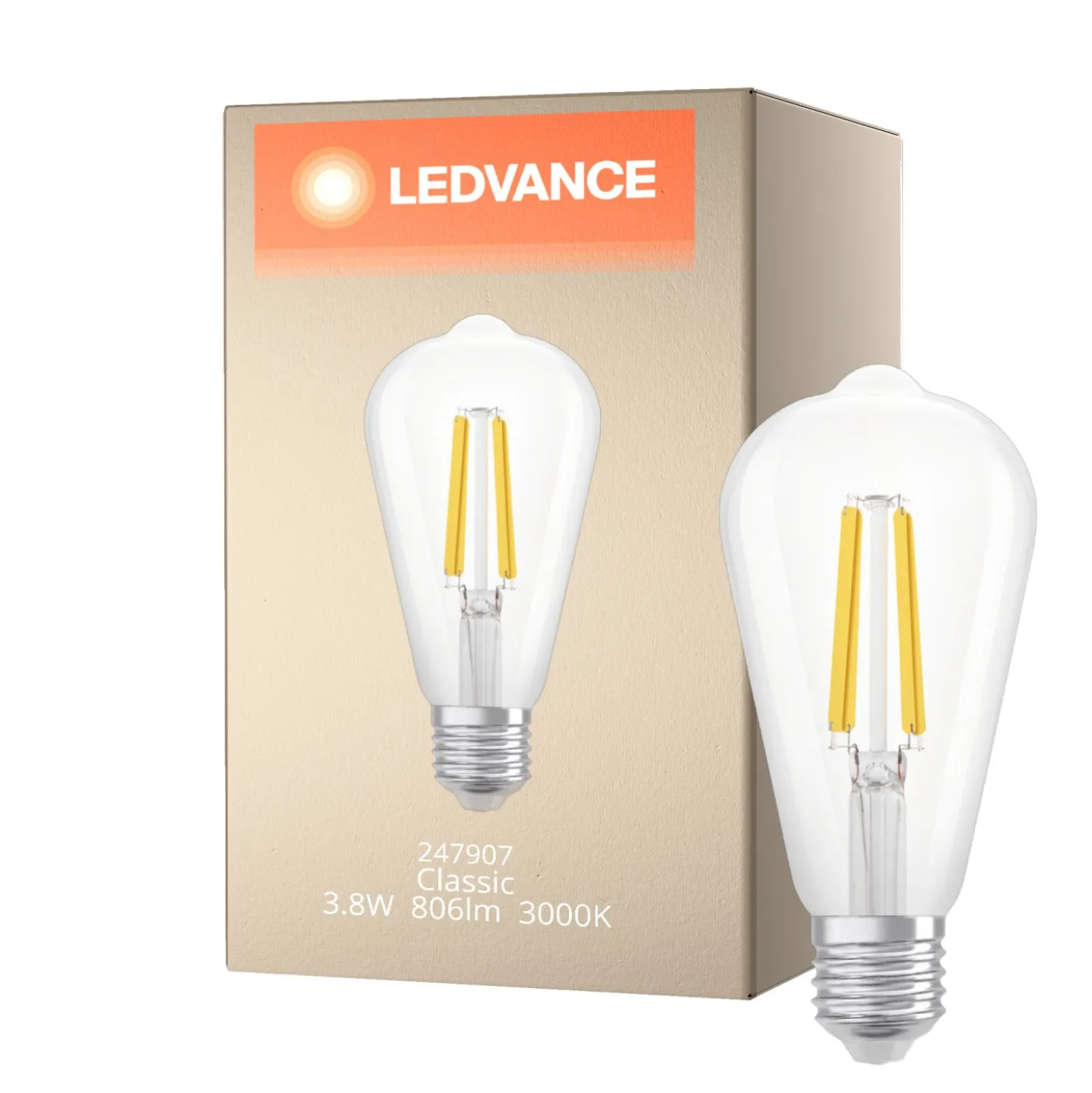 Ledvance Filament LED E27 Päron Klar 3.8W 806lm - 830 Varm Vit | Ersättare 60W