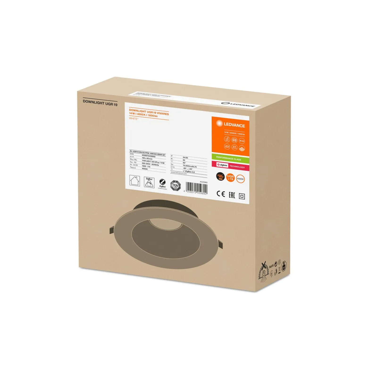 Ledvance LED Downlight Performance DN155 Zigbee Vit 14W 1600lm - 840 Kallvit | 180mm - Utskärning 155mm