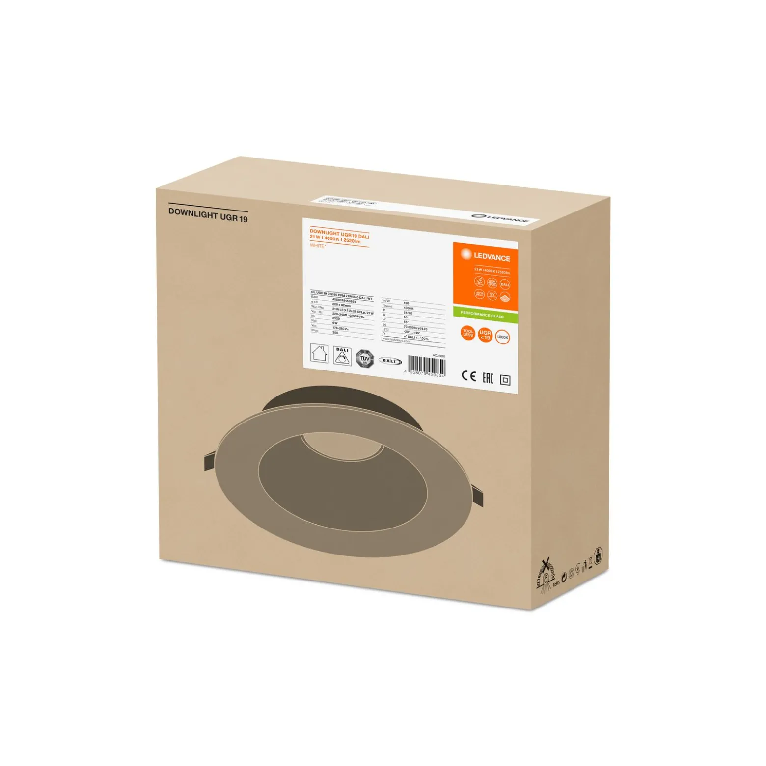 Ledvance LED Downlight Performance DN195 21W 2520lm 65D - 840 Kallvit | 220mm - IP54 - Dali Dimbar