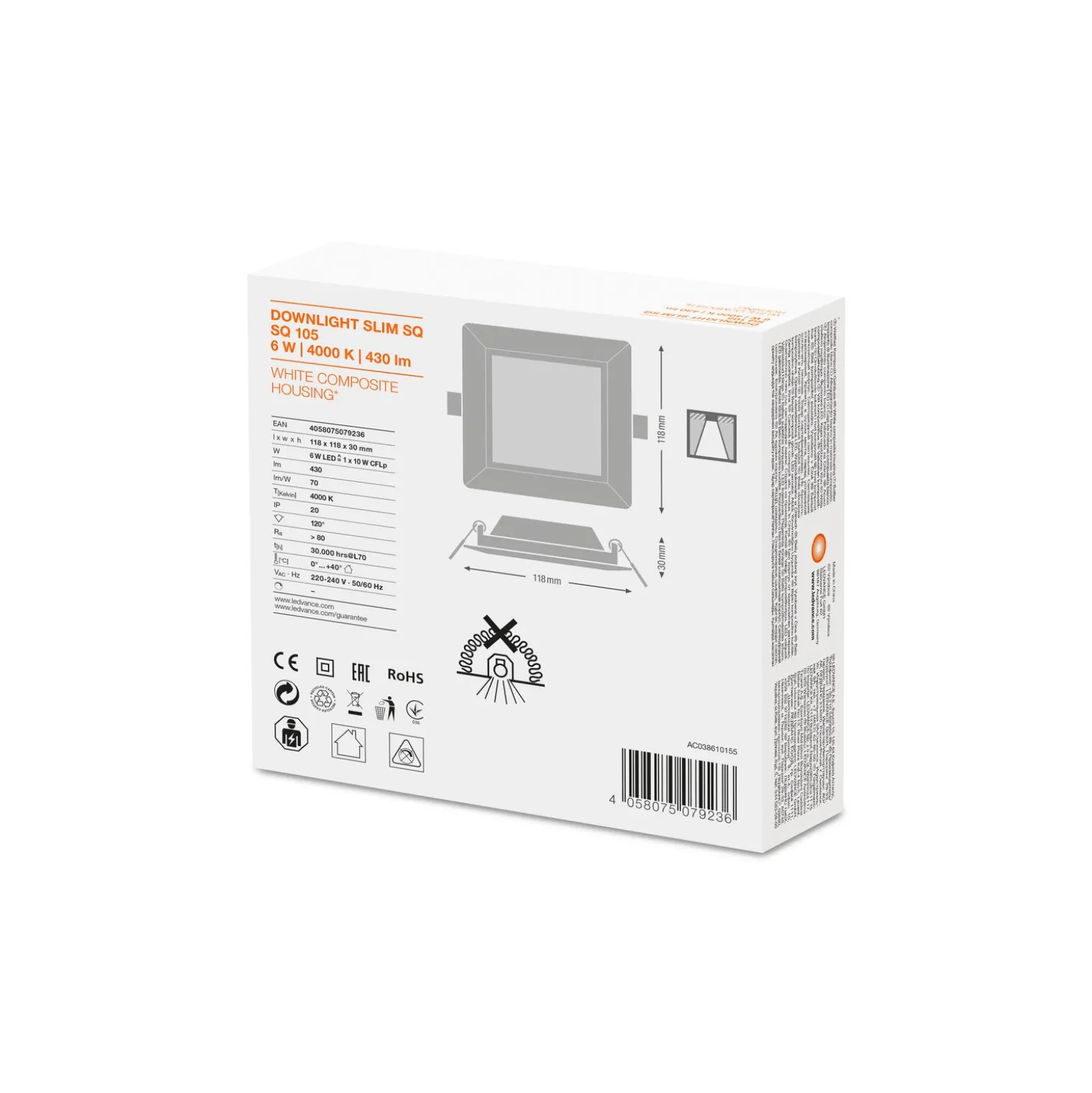 Ledvance LED Downlight Slim Fyrkant SQ105 6W 430lm 120D - 840 Kallvit