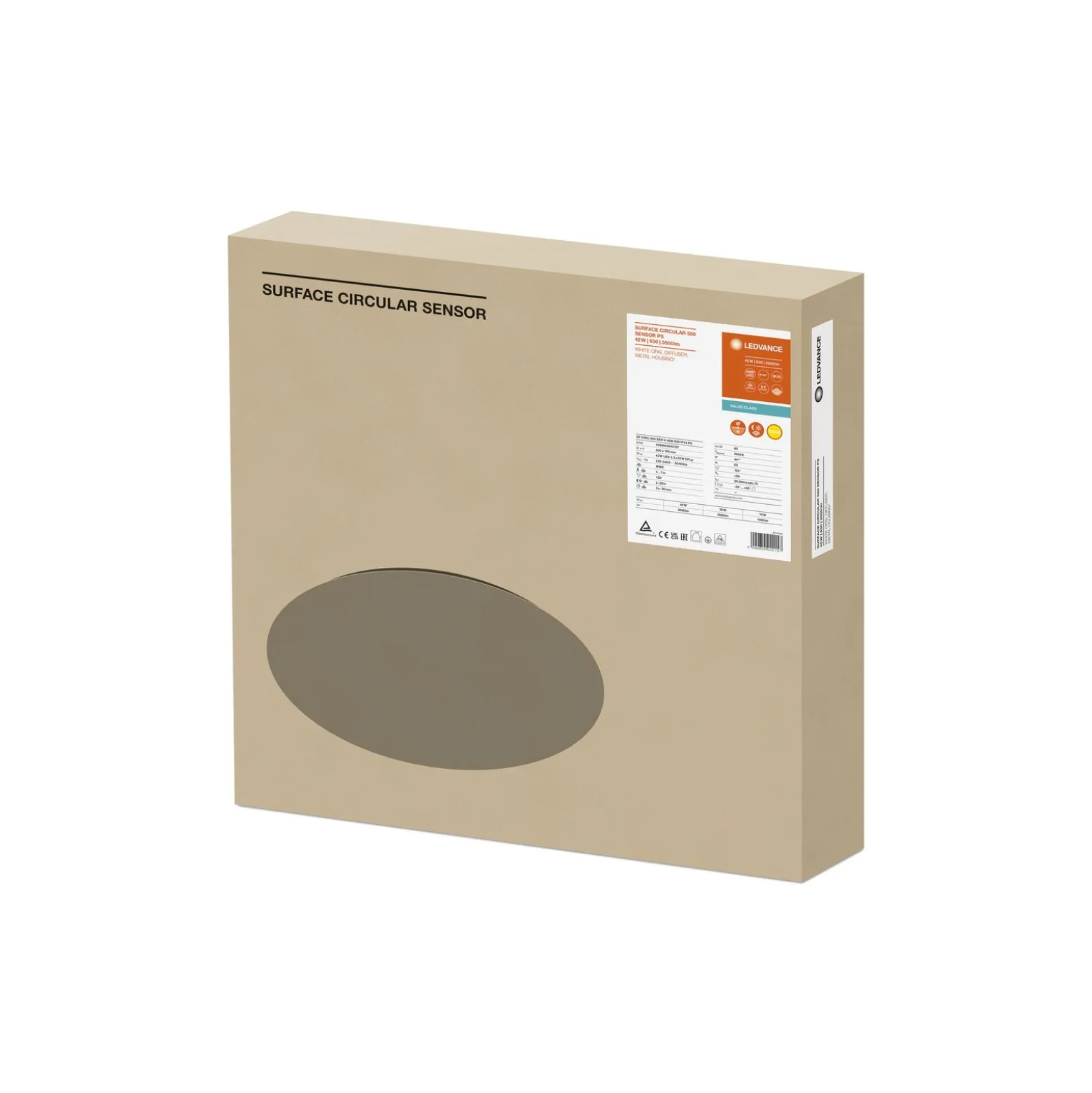 Ledvance LED Plafond Surface CIRCULAR 500 SENSOR PS Stål Vit 42W 3500lm - 830 Varm Vit | IP44 - Med Rörelse- och ljussensor