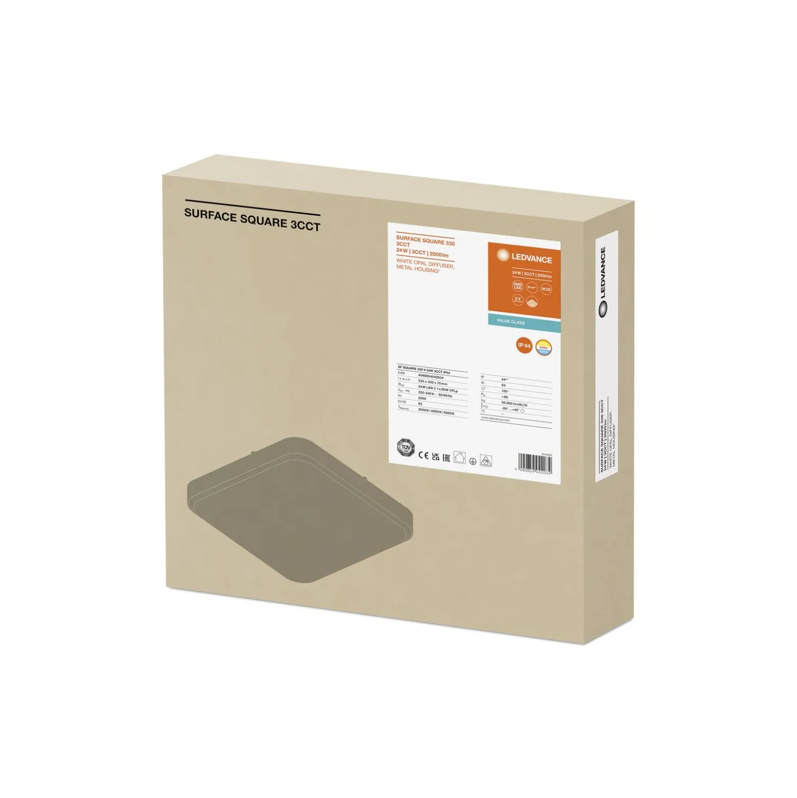 Ledvance LED Plafond Surface Fyrkant 24W 2000lm - 830-850 CCT | 330mm - IP44