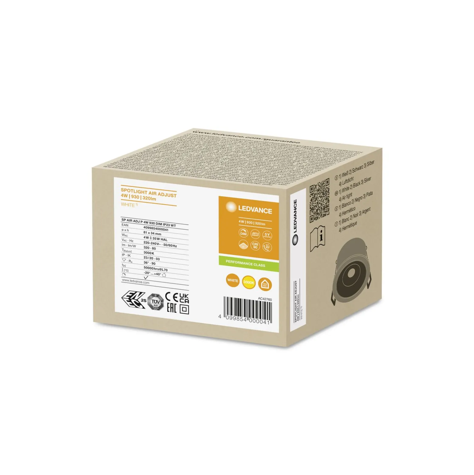 Ledvance LED Spot Air Adjust Aluminium Vit 4W 320lm 36D - 930 Varm Vit | Utskärning 68mm - IP23 - Bästa färgåtergivning - Dimbar
