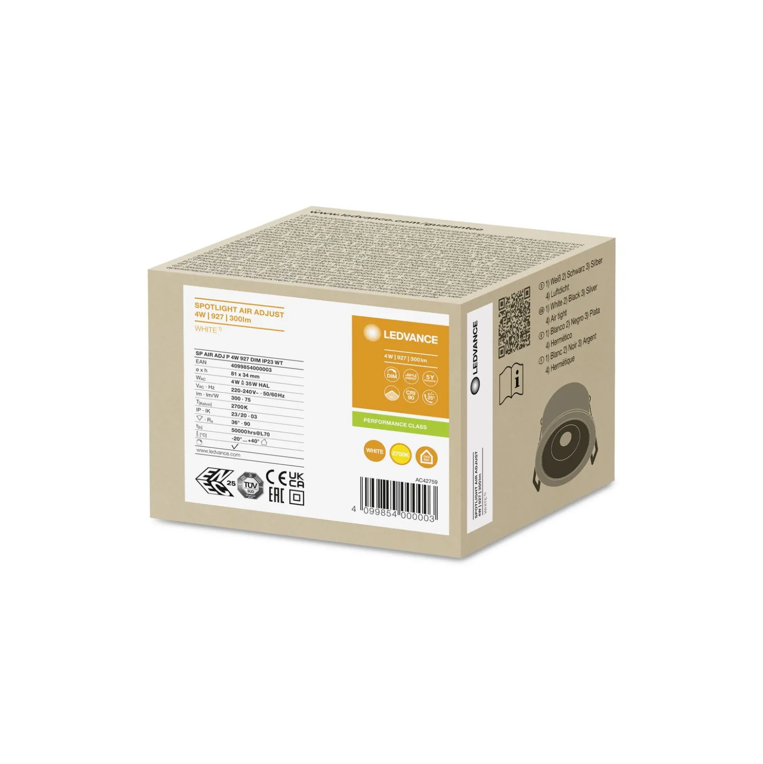 Ledvance LED Spot Air Adjust Aluminium Vit 4W 300lm 36D - 927 Extra Varm Vit | Utskärning 68mm - IP23 - Bästa färgåtergivning - Dimbar