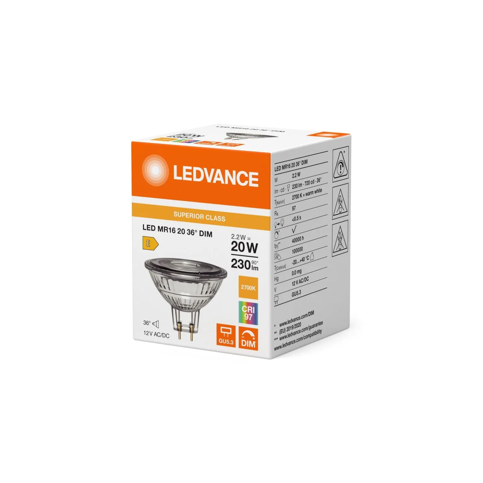 Ledvance LED Spot GU5.3 MR16 2.2W 230lm 36D - 927 Extra Varm Vit | Bästa Färgåtergivning - Dimbar - Ersättare 20W