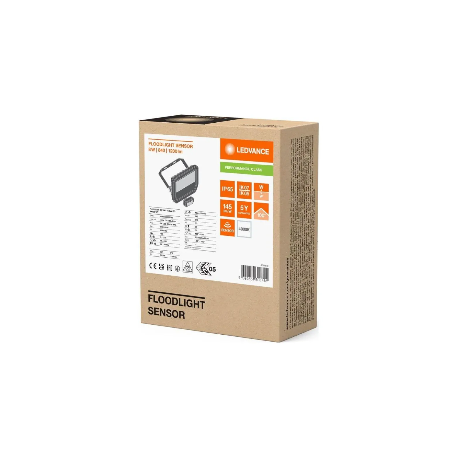 Ledvance LED Strålkastare Aluminium Vit 8W 1200lm 100D - 840 Kallvit | IP65 - Rörelse- Och Ljussensor - Symmetrisk