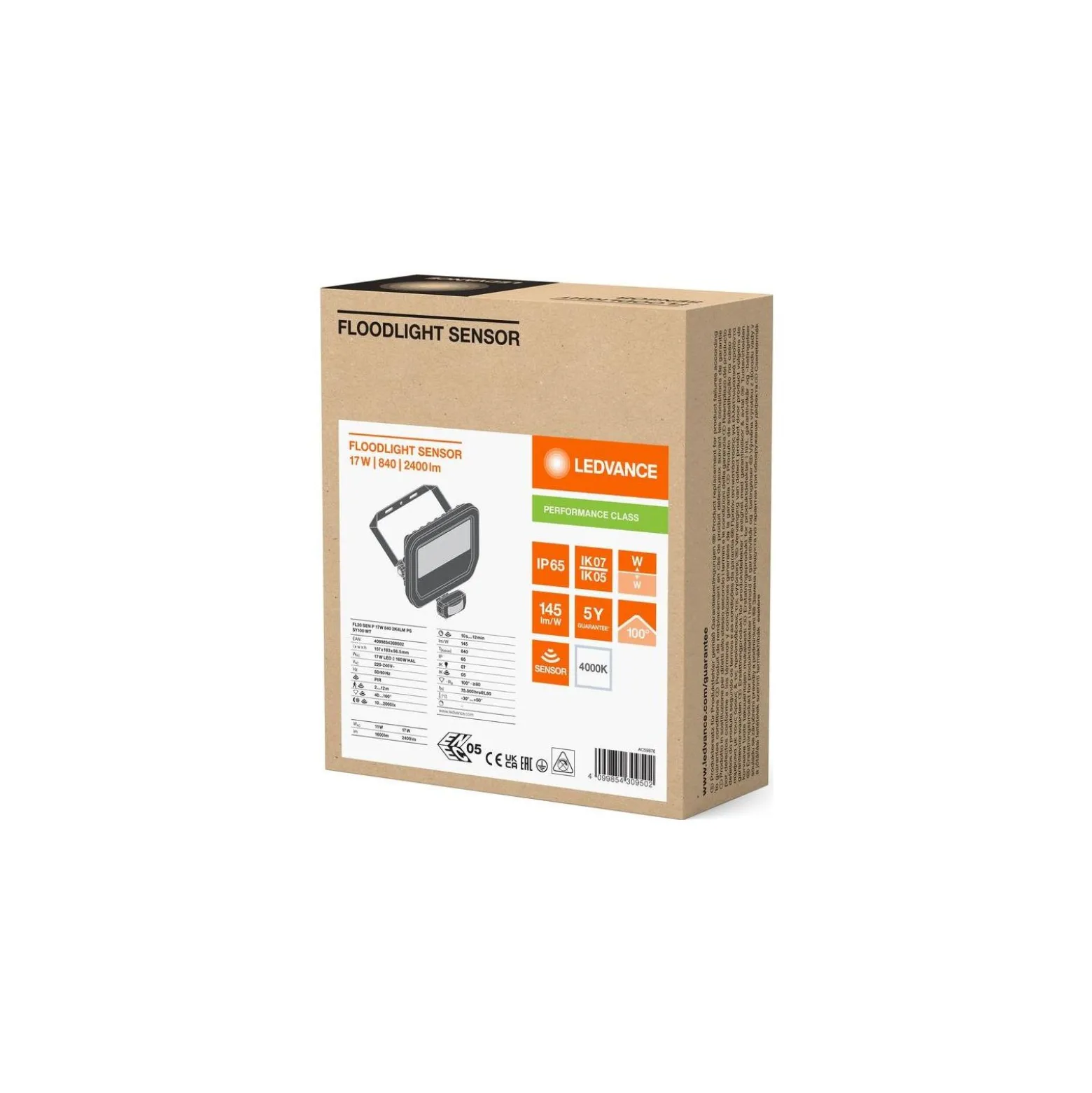 Ledvance LED Strålkastare Aluminium Vit 17W 2400lm 100D - 840 Kallvit | IP65 - Rörelse- Och Ljussensor - Symmetrisk