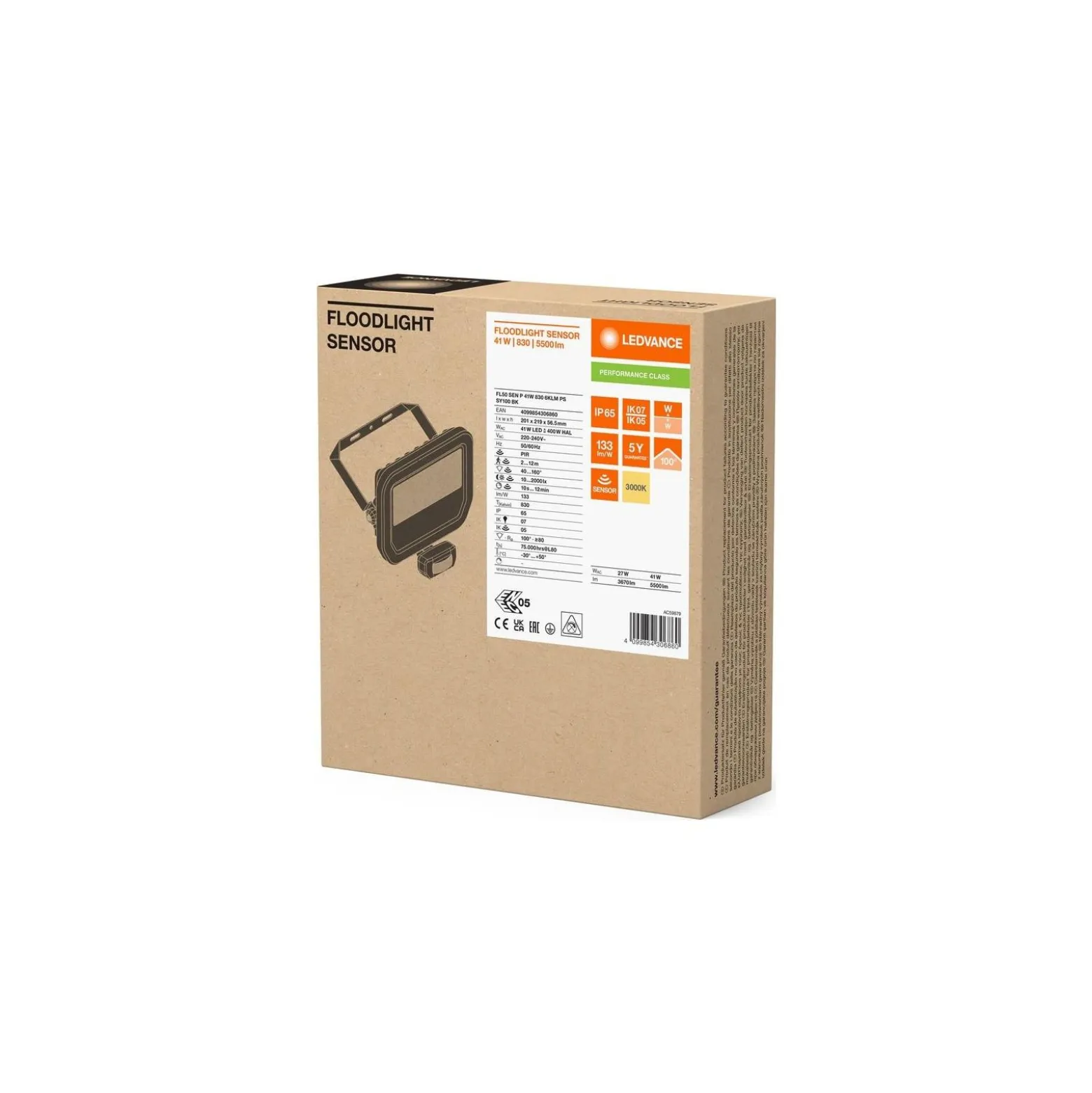 Ledvance LED Strålkastare Aluminium Svart 41W 5500lm 100D - 830 Varm Vit | IP65 - Rörelse- Och Ljussensor - Symmetrisk