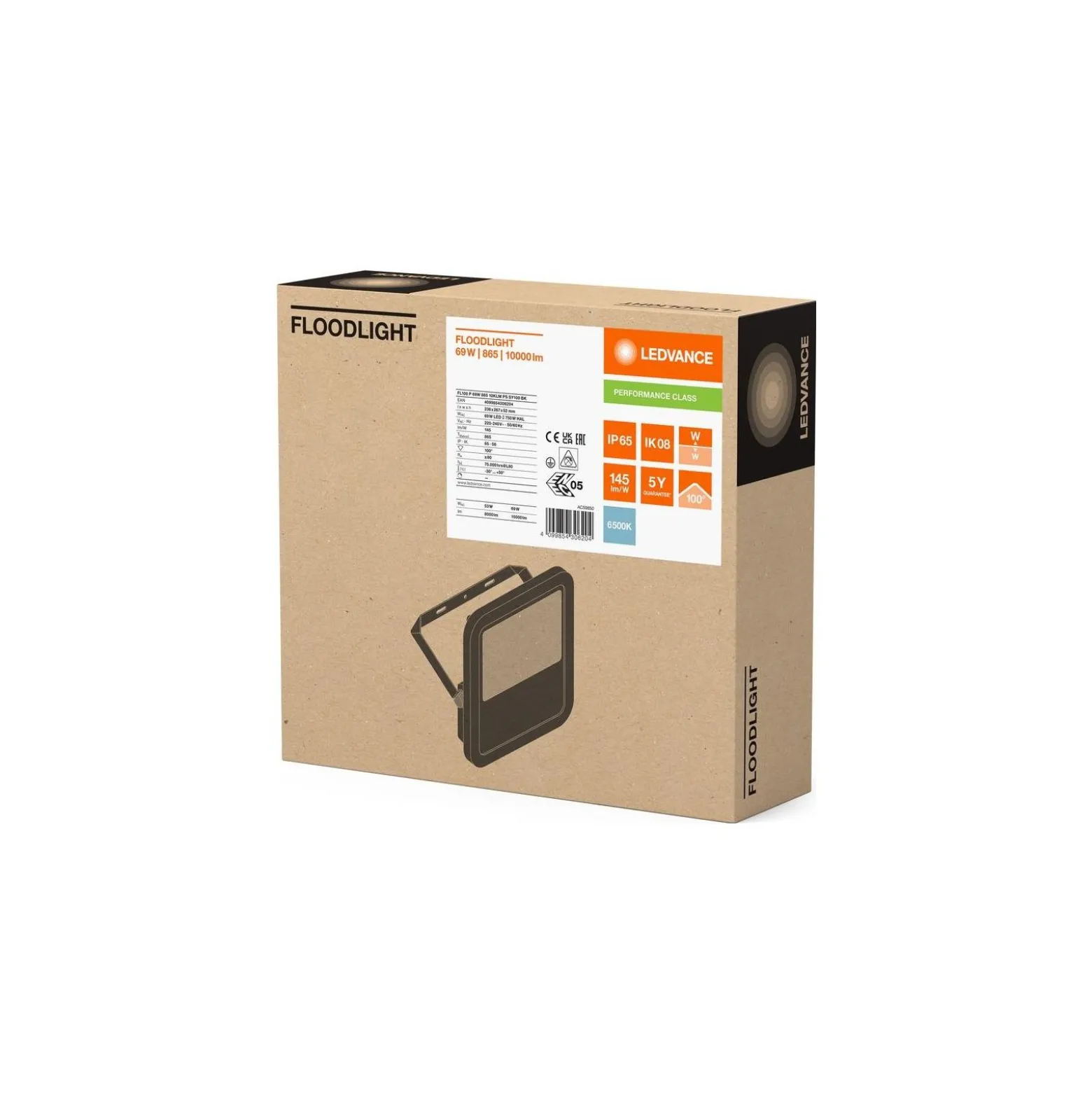 Ledvance LED Strålkastare Aluminium Svart 69W 10000lm 100D - 865 Dagsljus | IP66 - Symmetrisk