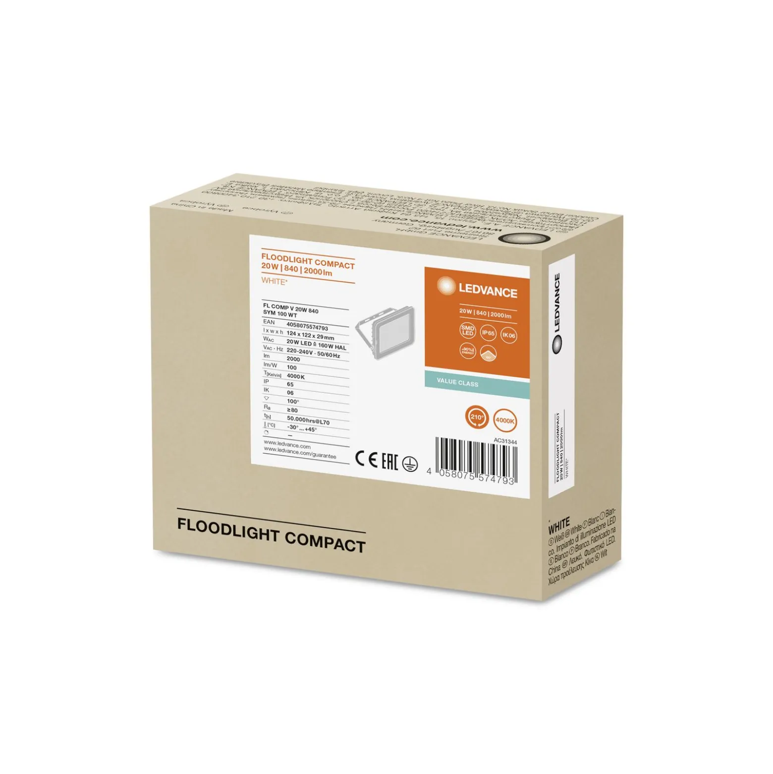 Ledvance LED Strålkastare Kompakt Vit 20W 2000lm 100D - 840 Kallvit | IP65 - Symmetrisk