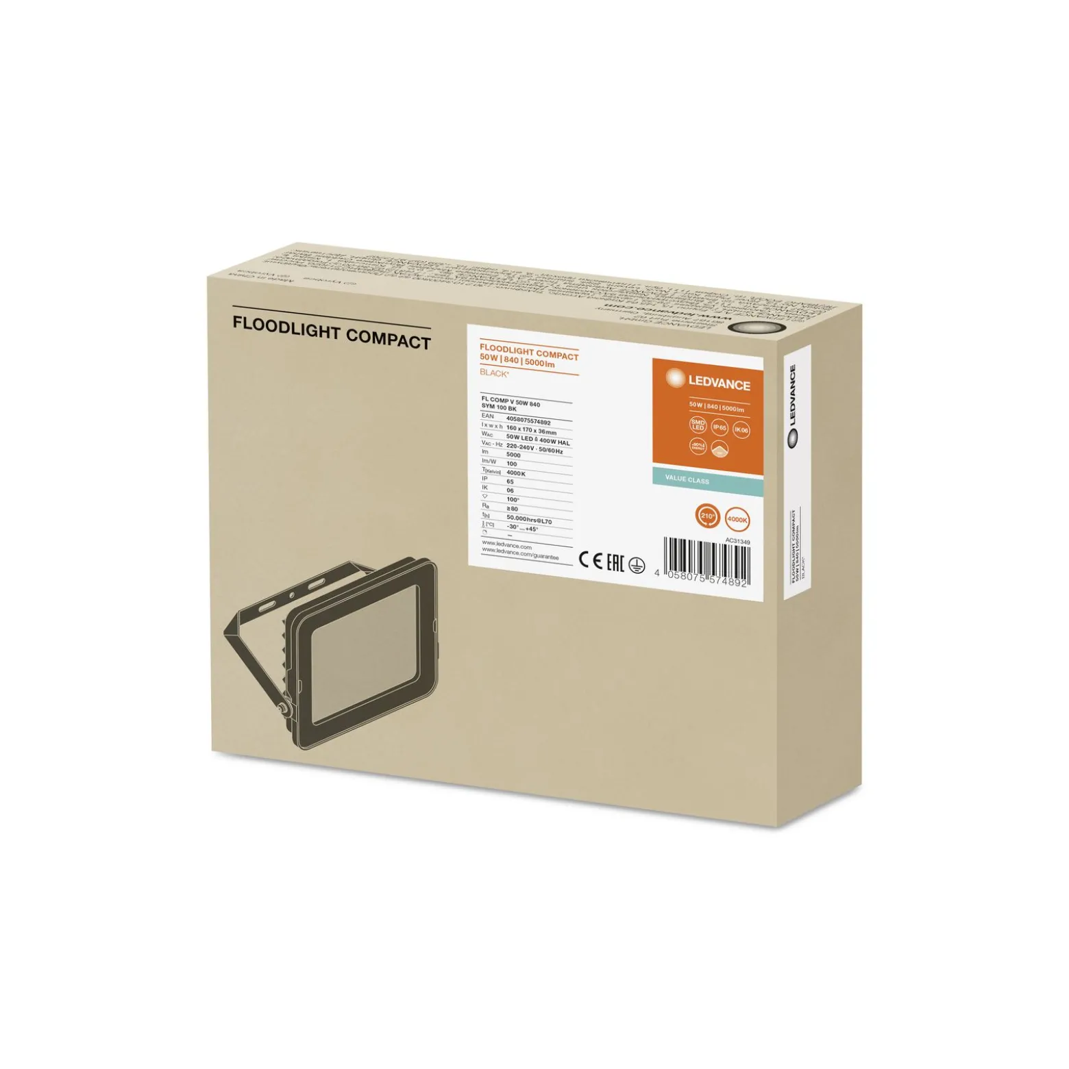 Ledvance LED Strålkastare Kompakt Svart 50W 5000lm 100D - 840 Kallvit | IP65 - Symmetrisk