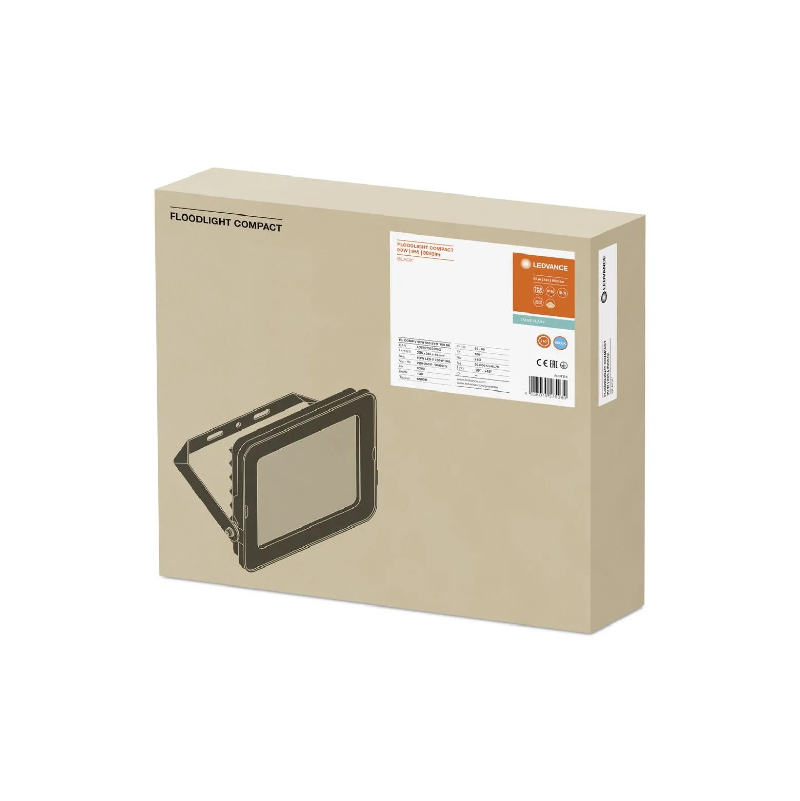 Ledvance LED Strålkastare Kompakt Svart 90W 9000lm 100D - 865 Dagsljus | IP65 - Symmetrisk
