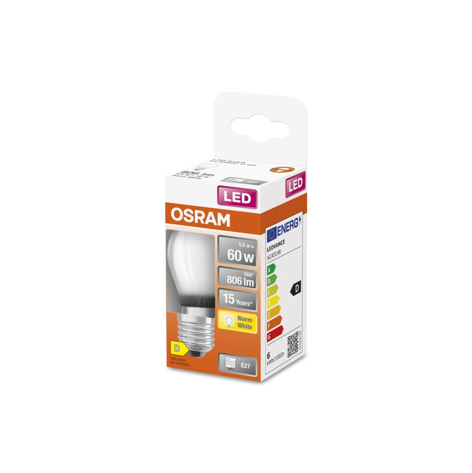 Osram Classic LED E27 Boll Filament Matt 5.5W 806lm - 827 Extra Varm Vit | Ersättare 60W