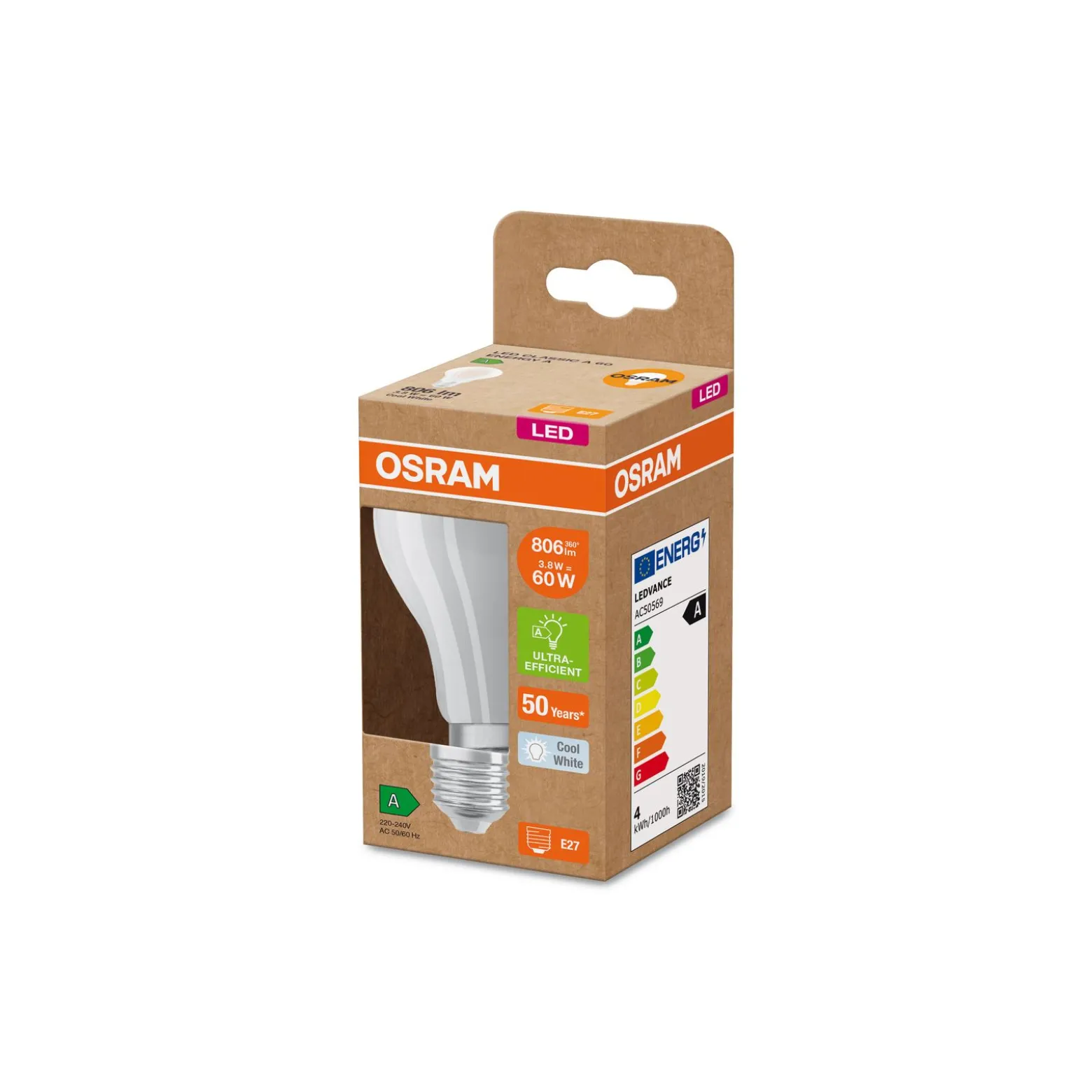 Osram Classic LED E27 Päron Filament Matt 3.8W 806lm Ultra Efficiency - 840 Kallvit | Ersättare 60W