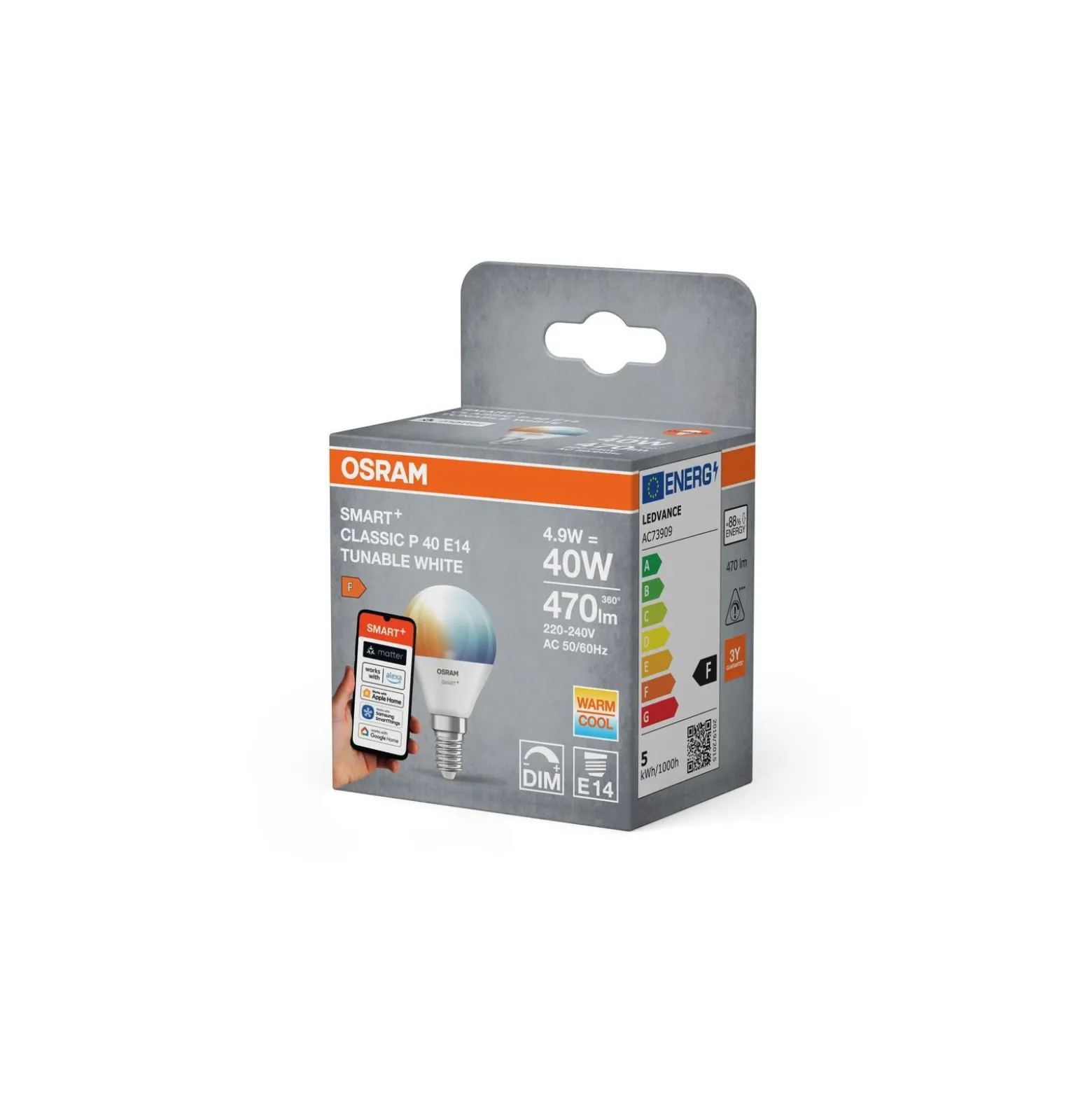 Osram Smart+ Matter Classic LED E14 Päron Matt 4.9W 470lm - 827-865 Justerbar Vit | Dimbar - Ersättare 40W