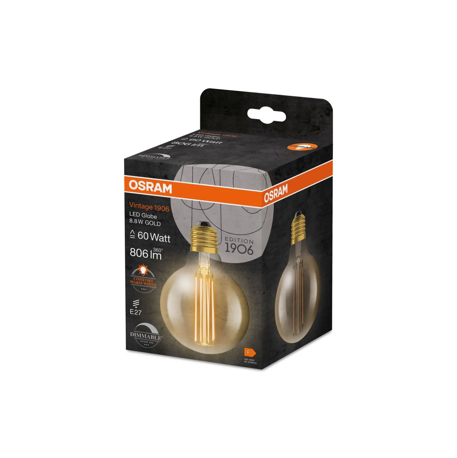 Osram Vintage 1906 LED E27 Globe Filament Gold 95mm 8.8W 806lm - 822 Extra Warm White | Dimmable